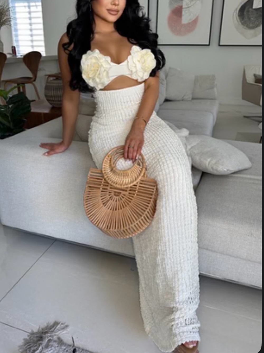 Textured Cutout Floral Applique Maxi Dress-Cream